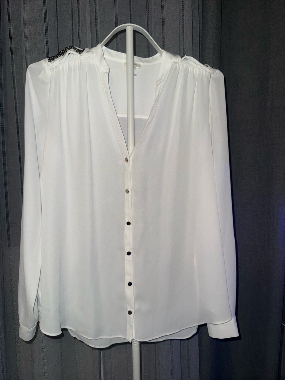 River Island White Blouse Gold Shoulder Hardware Roll Tab Sleeve W US 4 UK 8